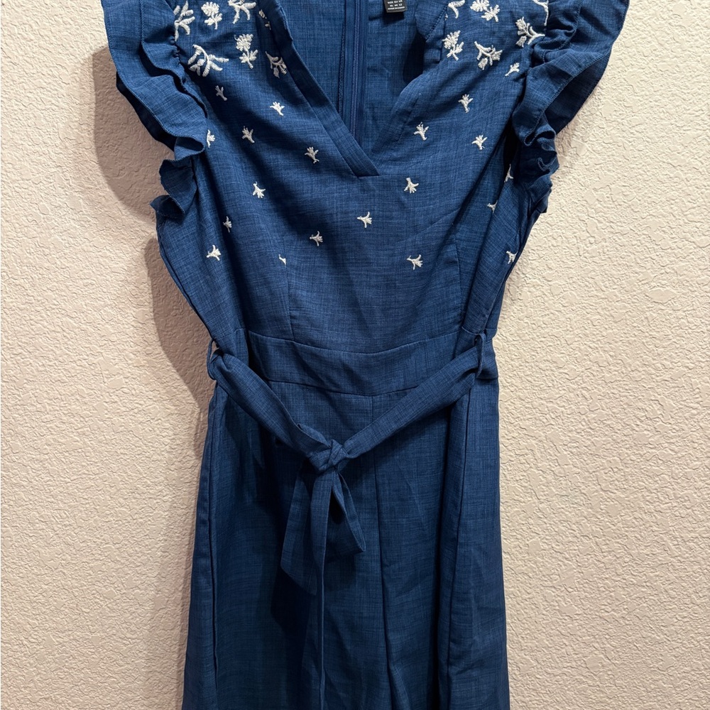 Blue Embroidered V-Neck Belted Romper